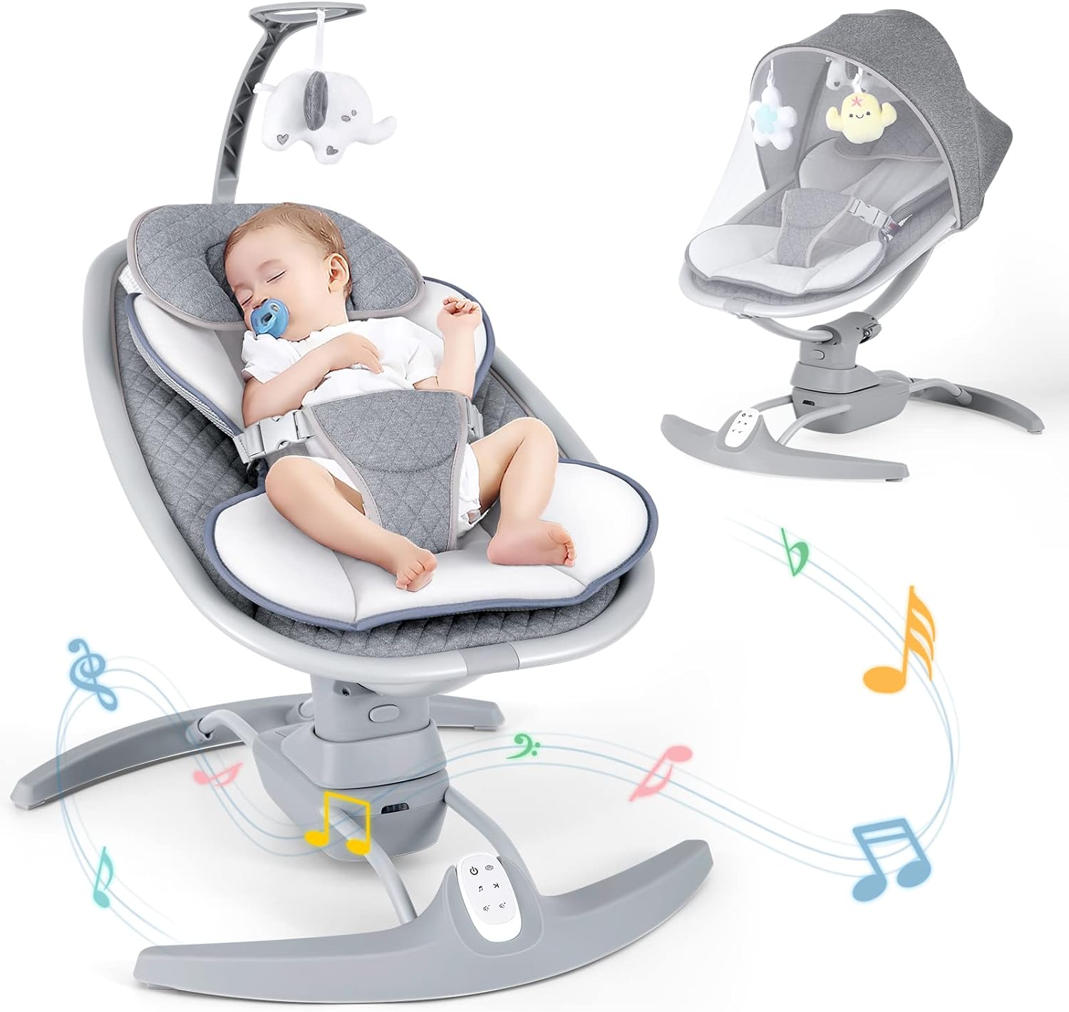 Electric Portable Baby Swing with Remote, 3 Speeds, Music, Adjustable Recline, Harness - For 5-20 lbs Infants and Toddlers, Gray